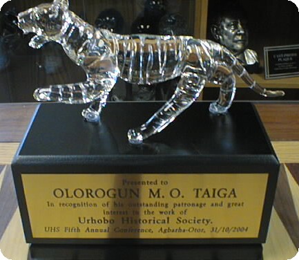 A Plaque presented to Olorogun Moses Taiga for his patronage of Urhobo Historical Society